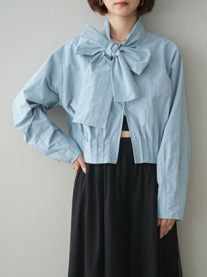 [SET]ボウタイ裾プリーツライトジャケット+ストライプチュールボリュームバギーパンツ(2set)