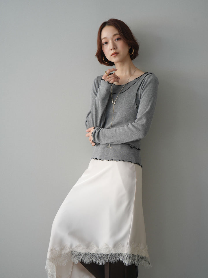 [SET]センターシームフレアパンツ+サテンライクアシメレーススカート(2set)