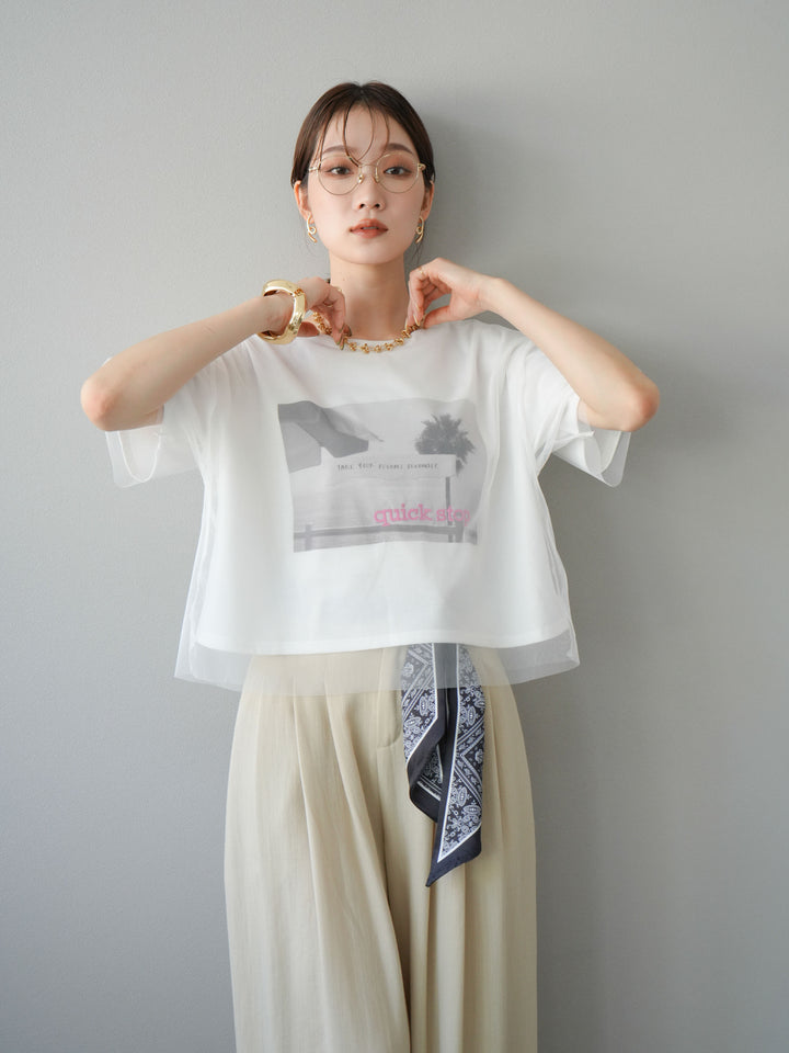 [予約]チュールドッキングフォトTシャツ/オフホワイト×ピンク