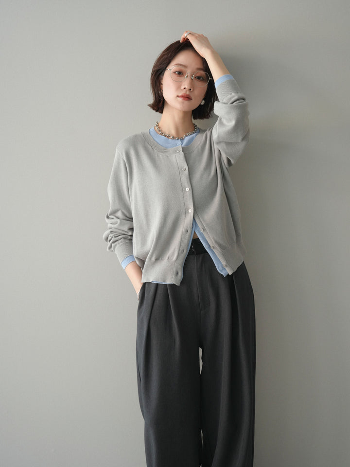 [予約]配色レイヤードコットンアクリルニットカーディガン/mokugray