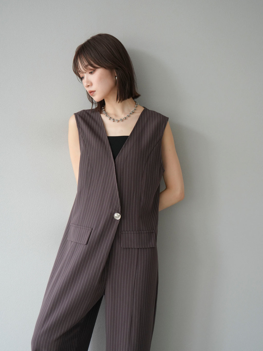 [予約]ストライプラップデザインオールインワン/ブラウン
