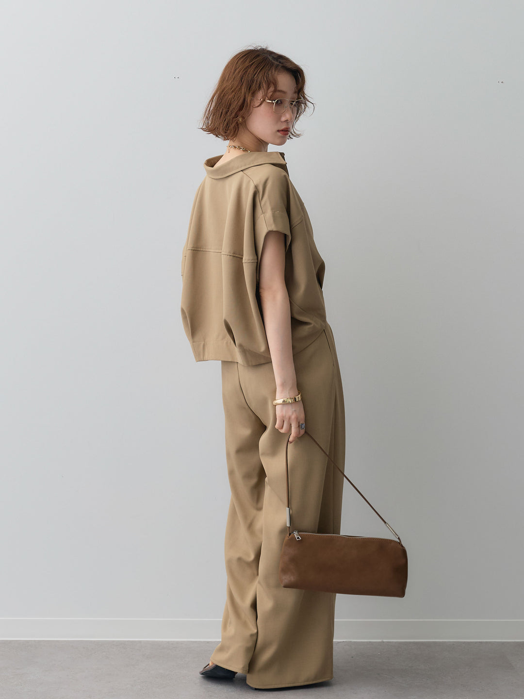 【套裝】縐綢燈籠無袖襯衫 + 縐綢闊腿褲（兩件套）