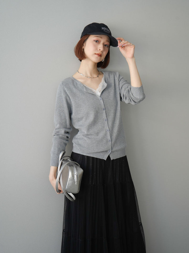 [予約]レースレイヤードニットカーディガン/gray