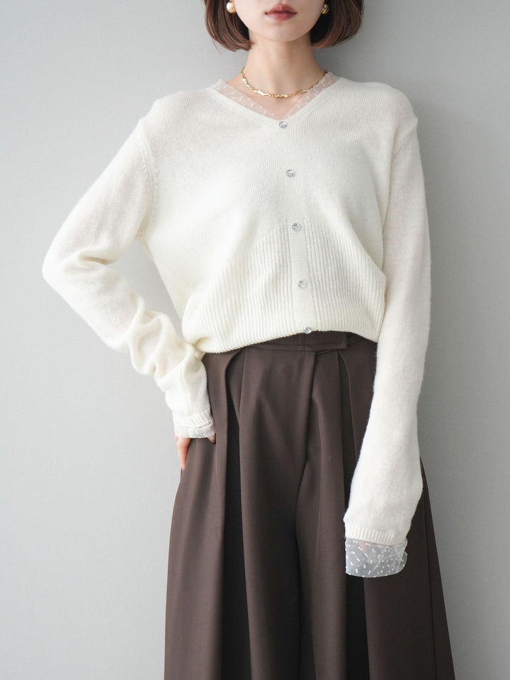 [SET]ドットチュールレイヤードボタンニットトップス+テープベルトタックバギーパンツ(2set)