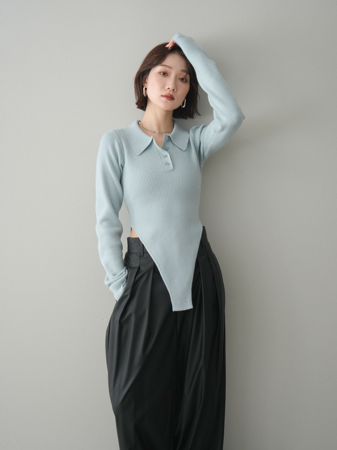 [予約]リブポロニットボディスーツ/blue