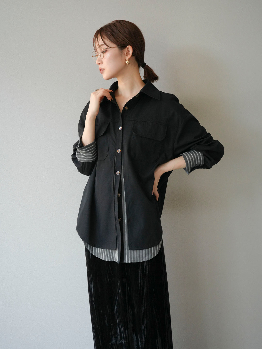 [予約]ストライプレイヤードシャツ/ブラック