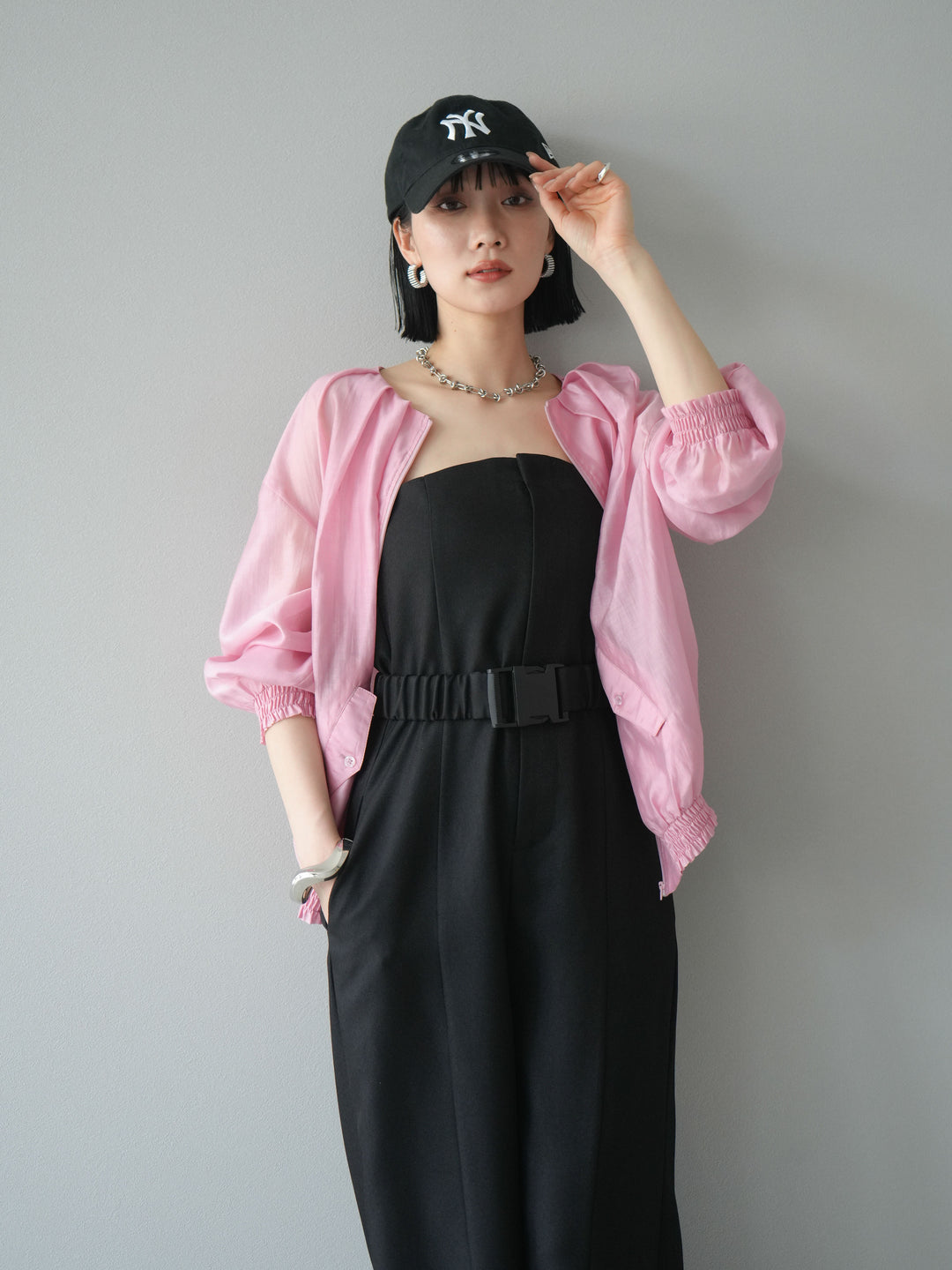 [SET]タックデザインシアーブルゾン+ヘザーツイルベルト付ベアサロペット(2set)