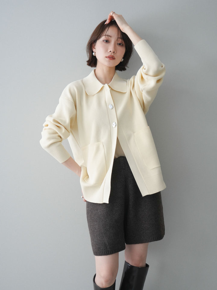 [予約]メタルボタン襟付きポリエステルニットカーディガン/ivory