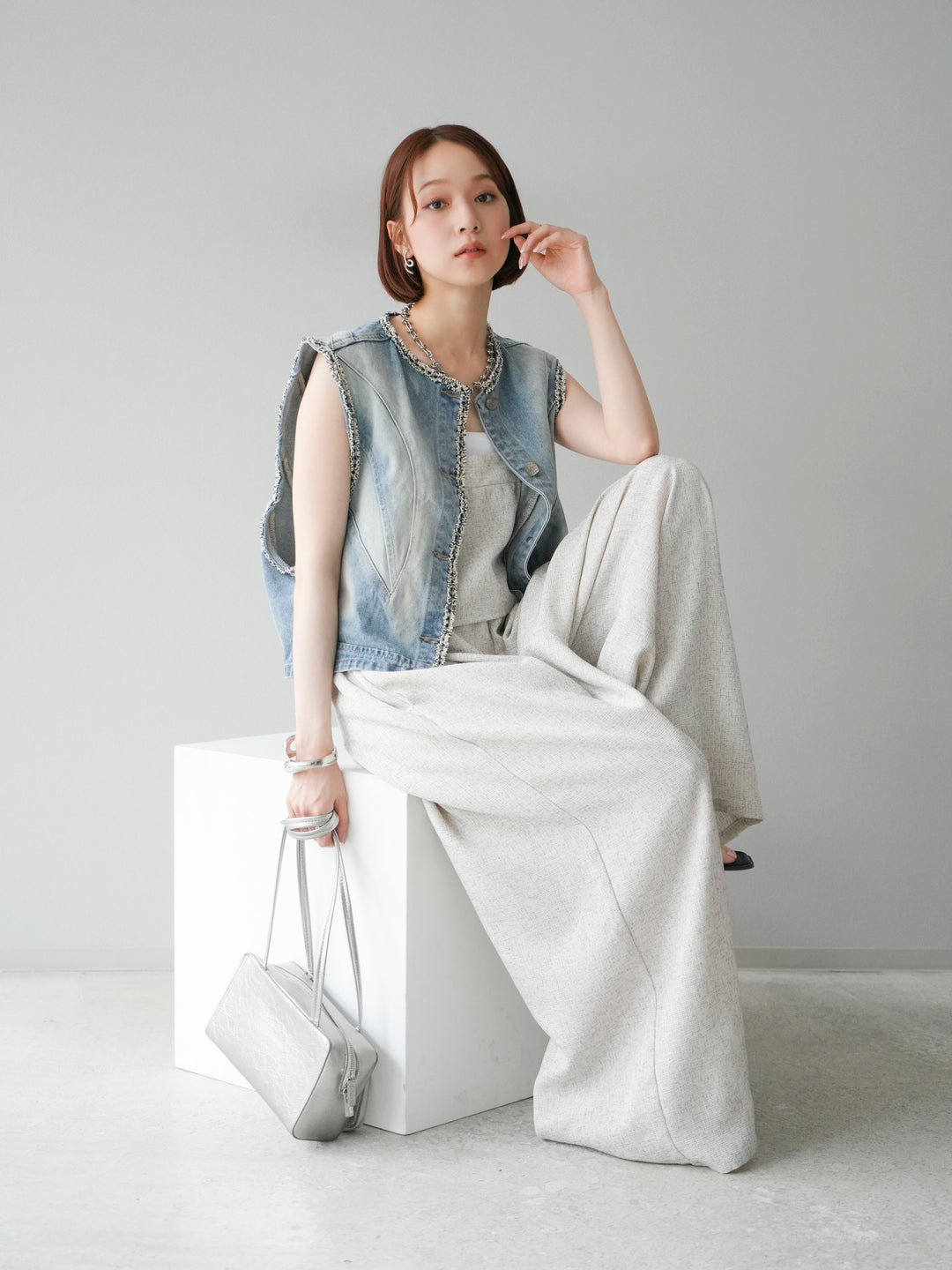 [予約]ツイードデザインデニムベスト/ライトブルー