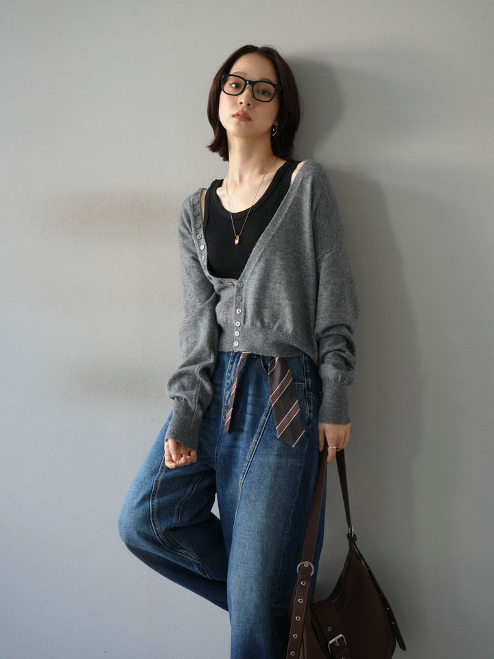 [予約]デザインボタンニットカーディガン＆タンクトップSET/グレー