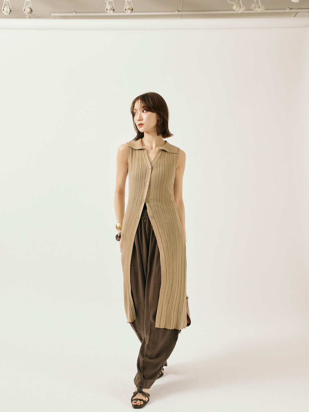 [予約]襟付きランダムリブロングニットカーディガン/ベージュ