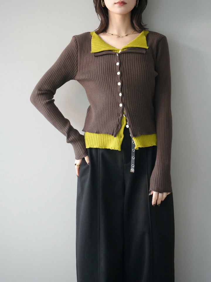 [予約]配色レイヤードリブニットカーディガン/brown