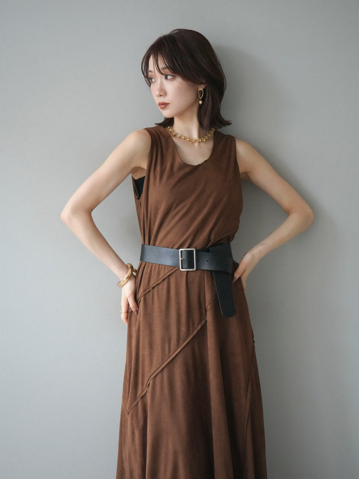 [予約]スエードアウトシームデザインベルト付ワンピース/camel