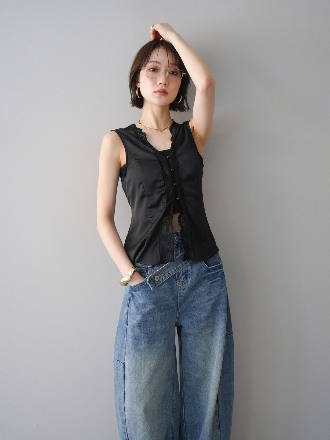 [予約]ノースリサテンレースキャミソール/black