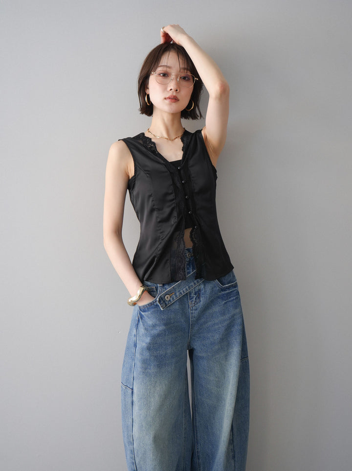 [予約]ノースリサテンレースキャミソール/black