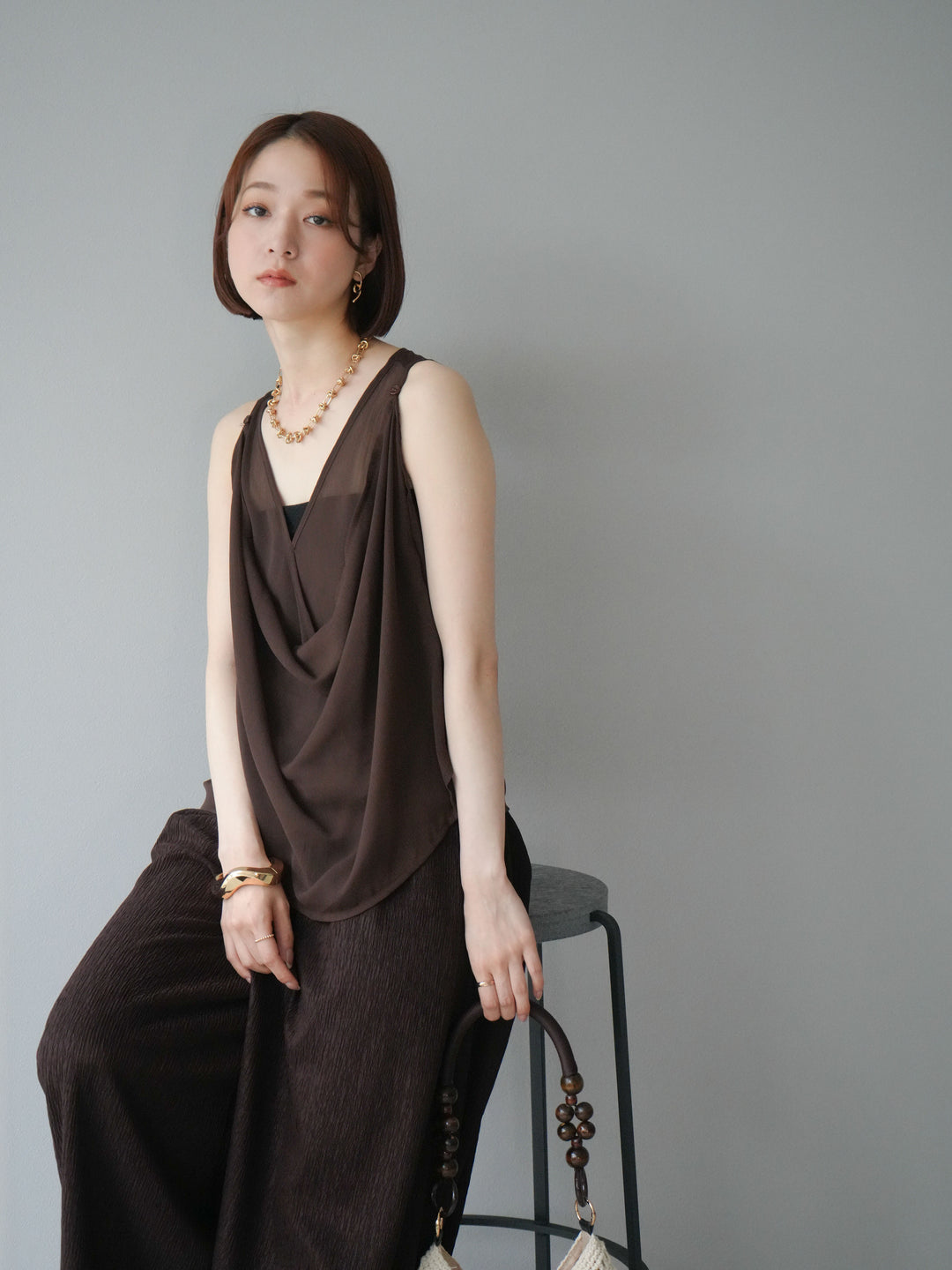 [予約]シアードレープレイヤードノースリーブトップス/ブラウン