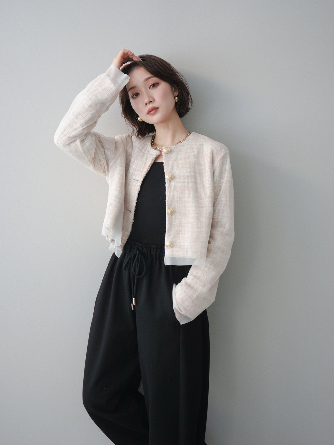 [SET]チュールレイヤードツイードクロップドジャケット+裾ZIPスエットワイドパンツ(2set)