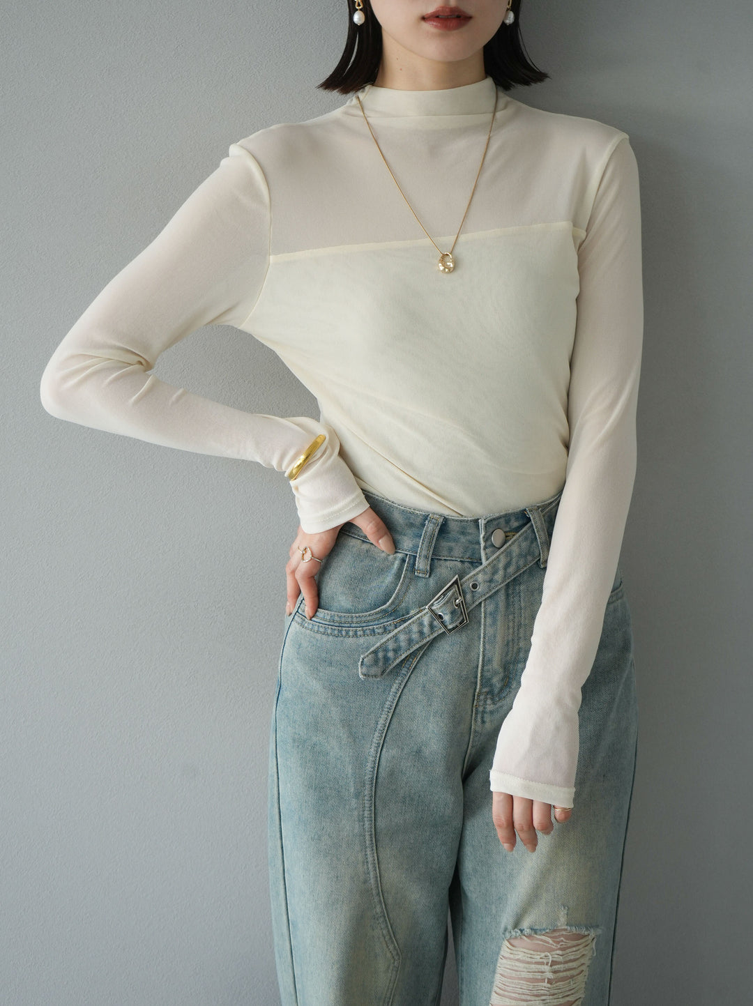 [SET]シアー切替ストレッチ長袖トップス+シアー切替ストレッチトップス(2set)