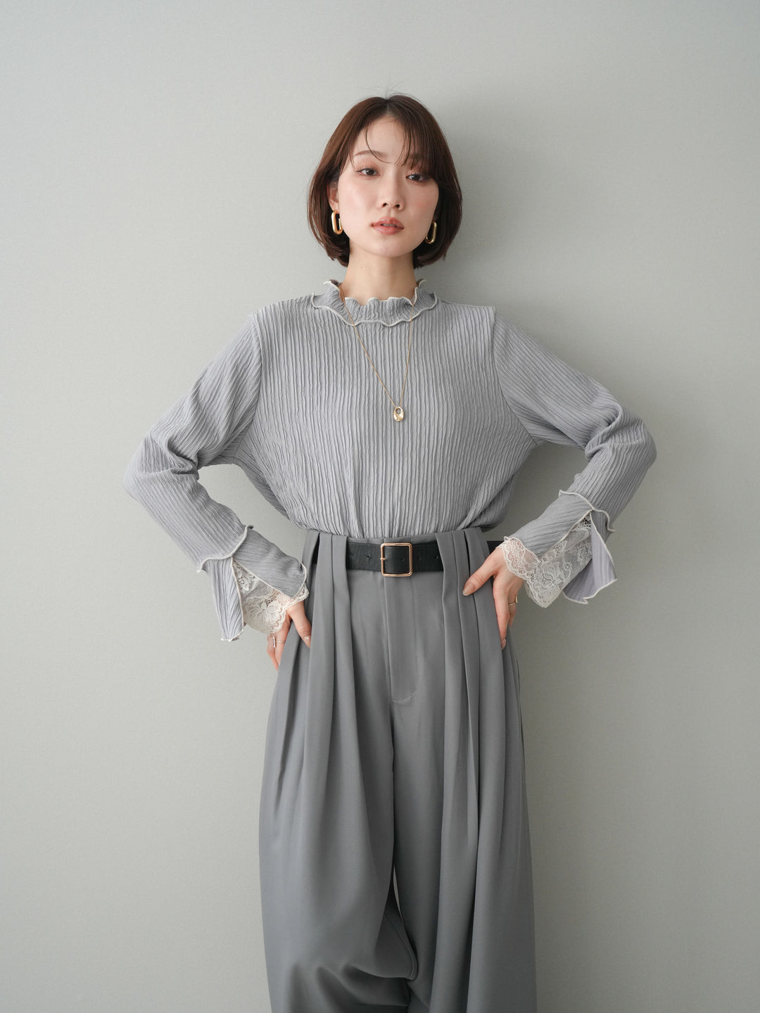 [予約]袖レース楊柳メロートップス/lightgray