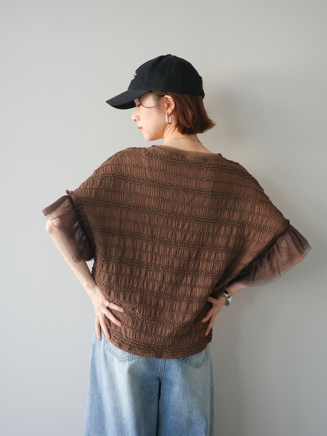 [予約]チュール袖リップルトップス/brown
