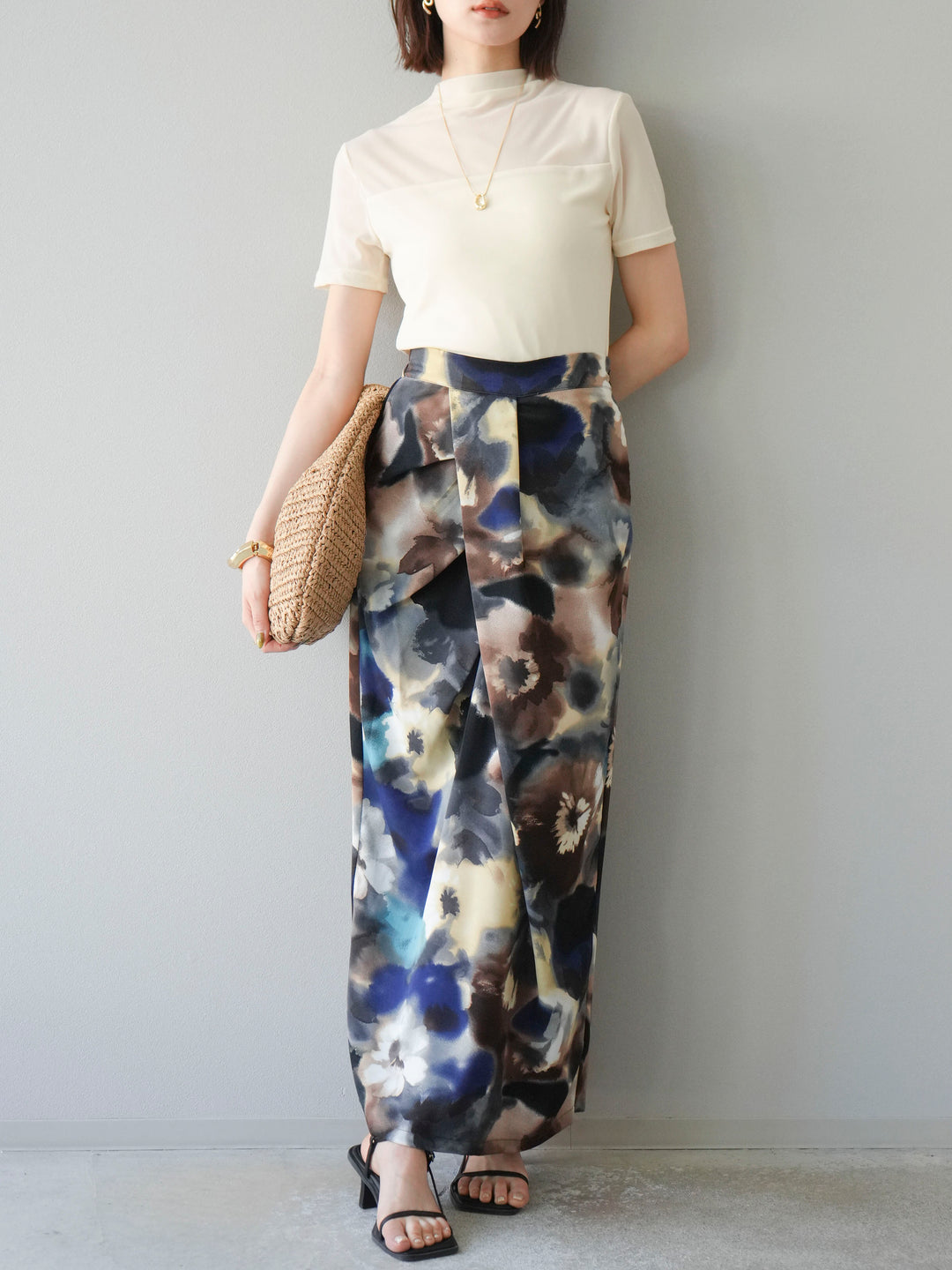 [SET] 透視半袖上衣 + 水彩印花褶襉I字裙 (2set)