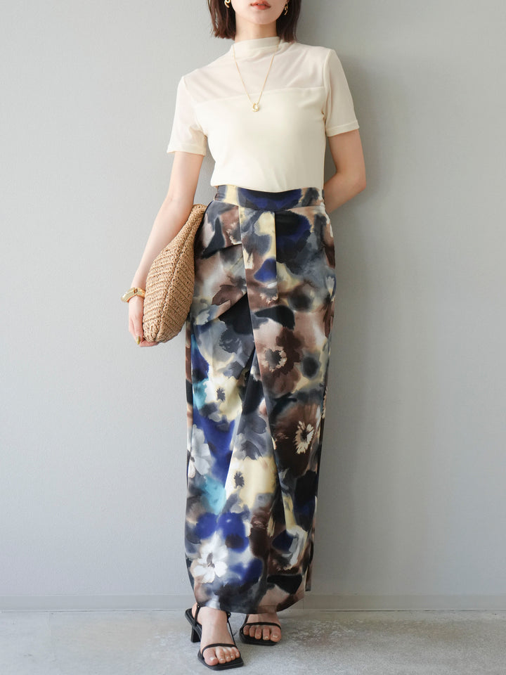 [SET] 透視半袖上衣 + 水彩印花褶襉I字裙 (2set)