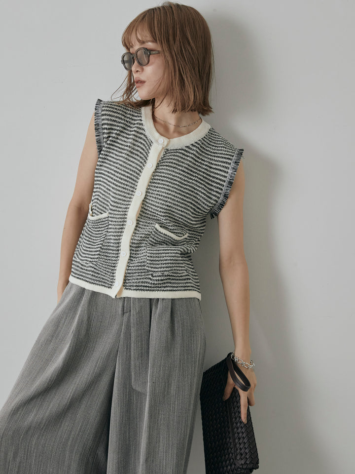 [予約]ボーダー袖フリンジニットベスト/オフ