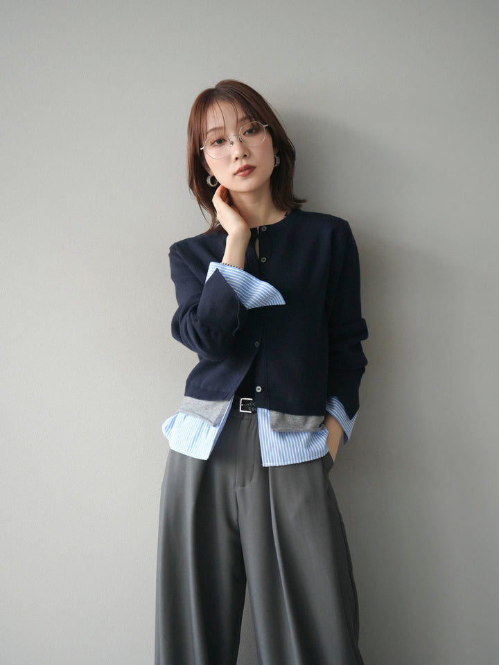 [SET]シャツ襟レイヤードニットカーディガン+ベルトループデザインワイドパンツ(2set)