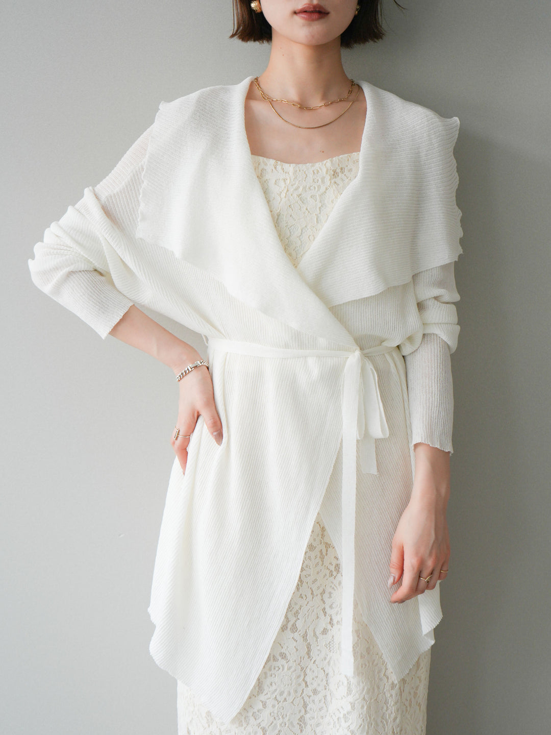 [SET]ドレープリブニットガウン+フルレースキャミ＆IラインスカートSET UP(2set)
