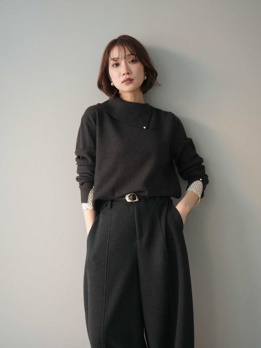 [予約]袖レースパール付き配色ニットトップス/darkbrown