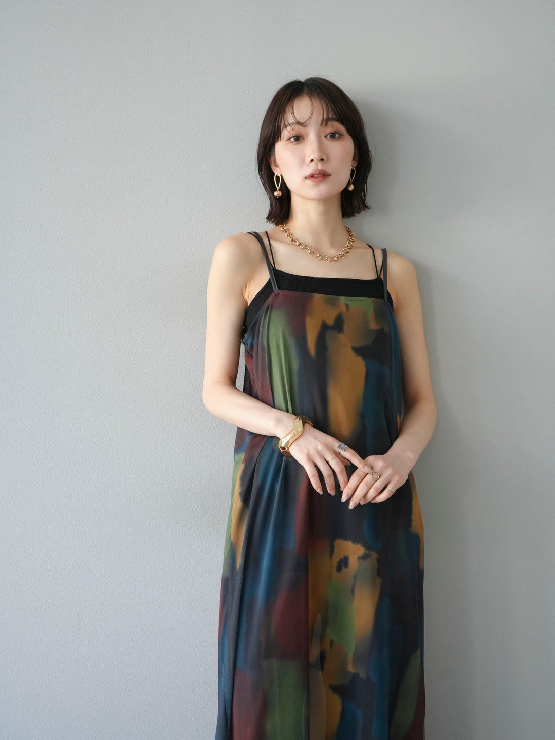 [SET]水彩アートシアーキャミワンピース+カップ付きバッククロスキャミソール(2set)