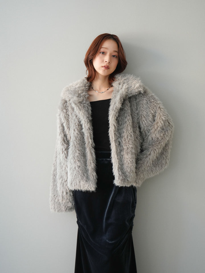 [SET]フェイクファー襟付きショートブルゾン+ギャザーベロアスカート(2set)