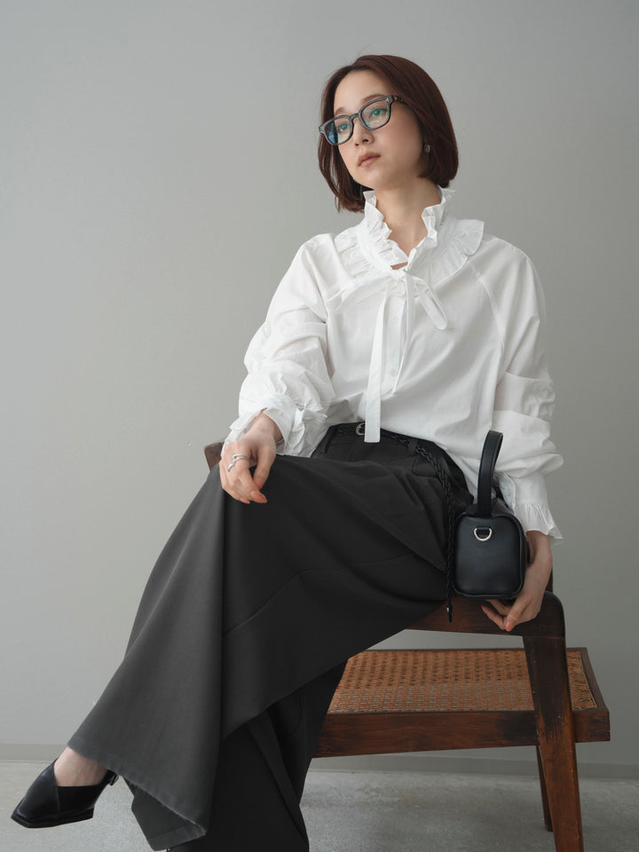 [SET]フリルネックギャザーブラウス+編み込みベルト付タックワイドパンツ(2set)