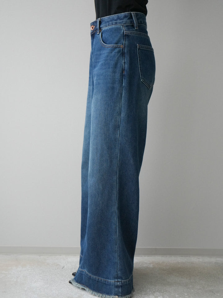 [予約]裏起毛裾フリンジワイドデニムパンツ/darkblue