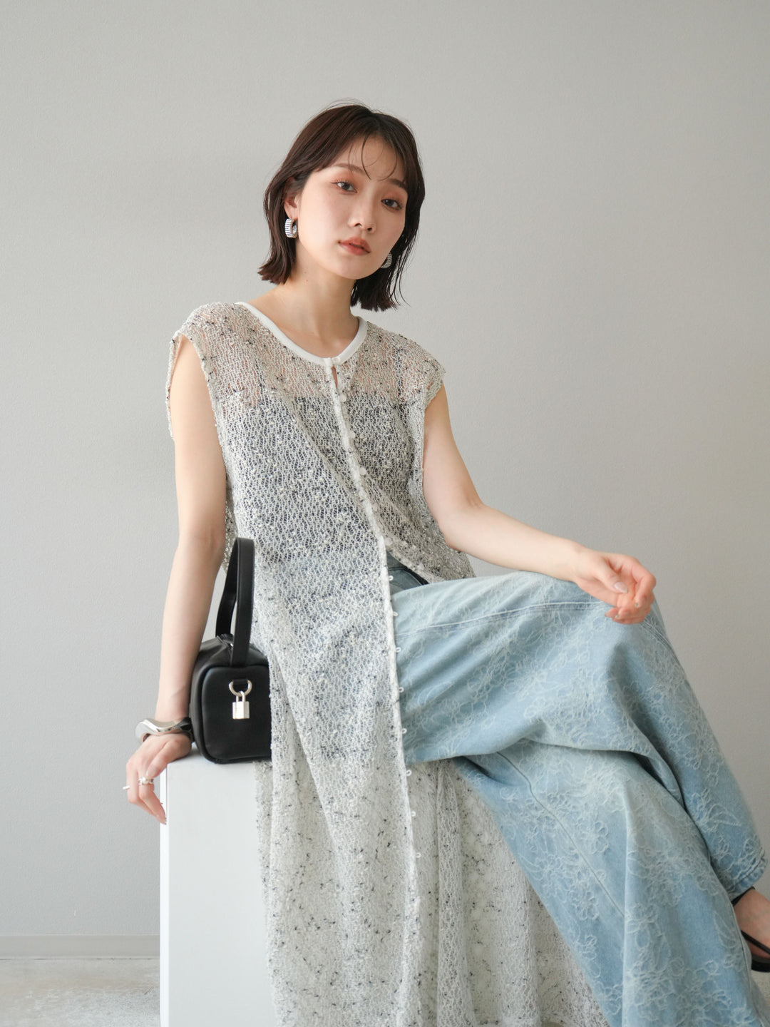 [預訂] 2WAY 棉絨網眼連身裙/米白色