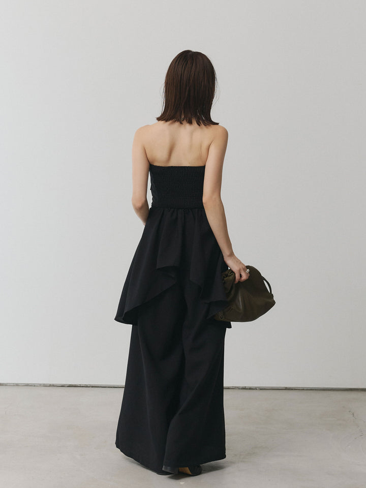 [SET]ぺプラムベアトップス＆ワイドパンツSET UP/ブラック