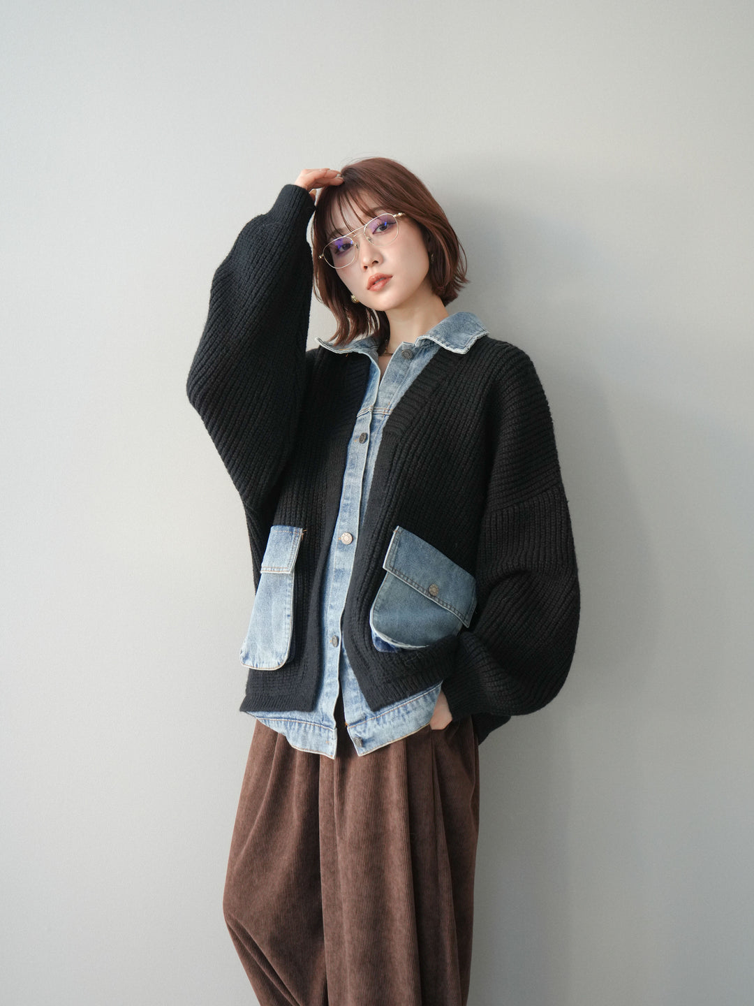 [SET]デニムドッキングオーバーニットジャケット+コーデュロイサイドタックコクーンパンツ(2set)