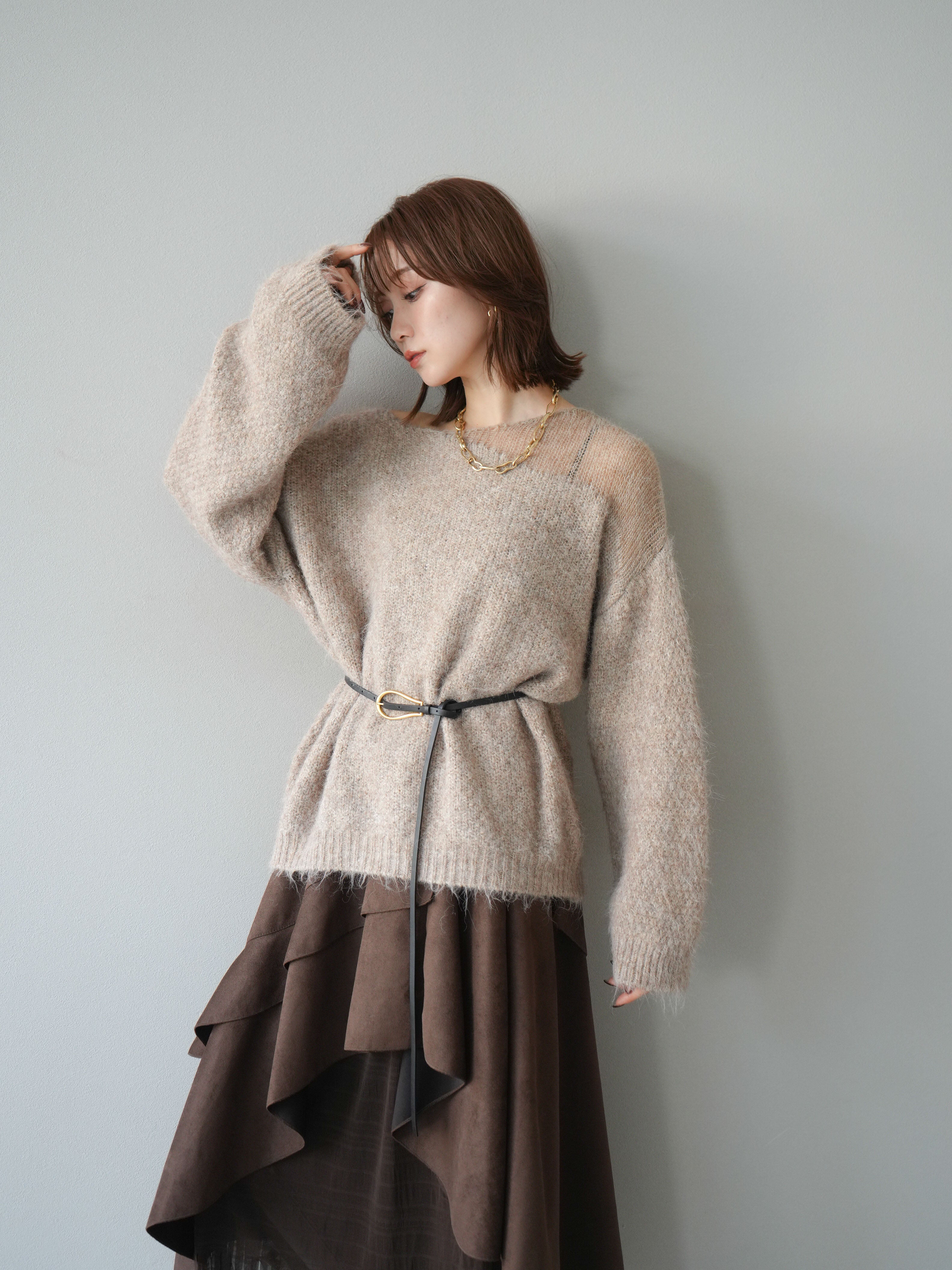 予約]ネック透かし編みニットプルオーバー/ベージュ – Lumier