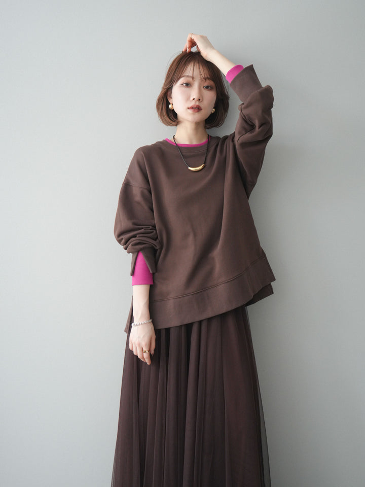 [SET]配色レイヤードデザインスエットプルオーバー+チュールボリュームスカート(2set)