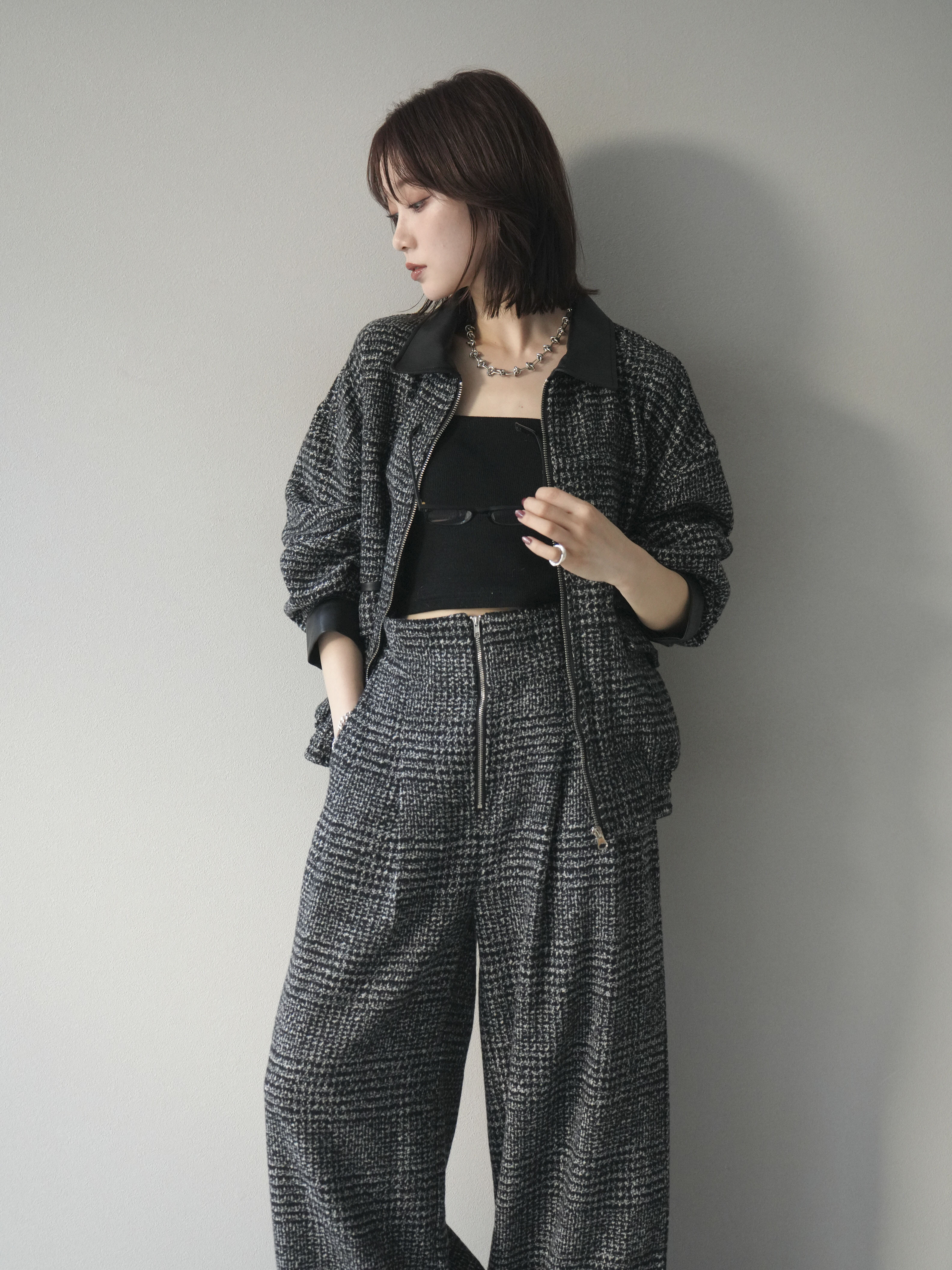 予約]レザー襟ミックスツイードジャケット/black – Lumier