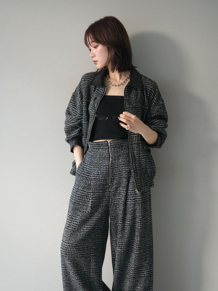 [予約]レザー襟ミックスツイードジャケット/black