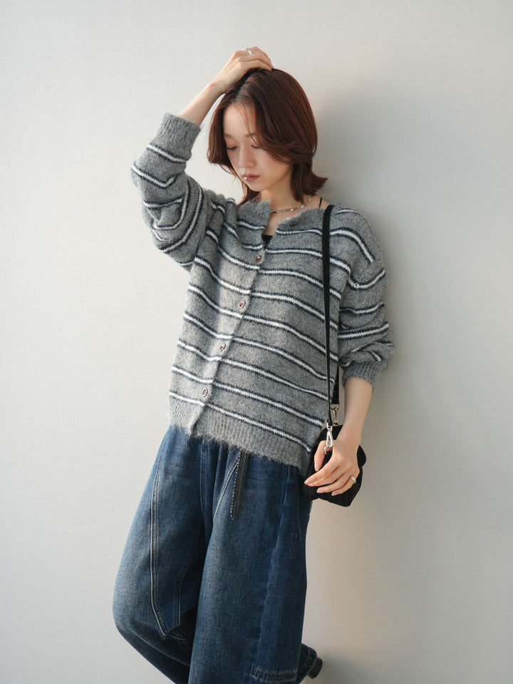 [予約]ボーダーシャギーニットカーディガン/gray
