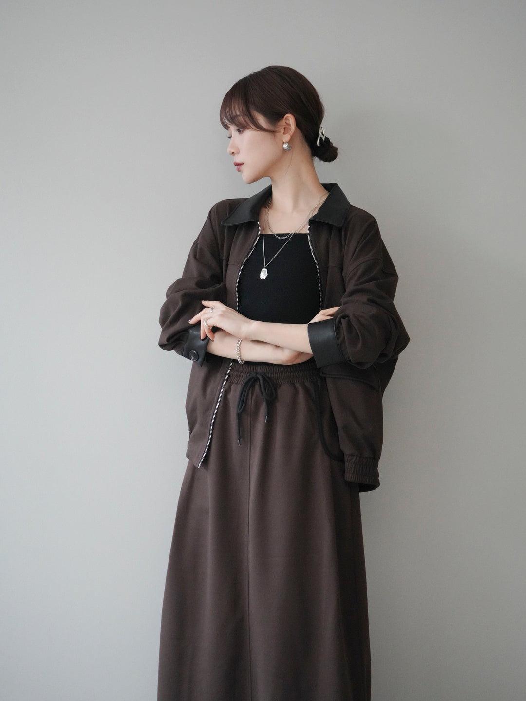 [予約]レザー襟配色パイピングブルゾン/brown