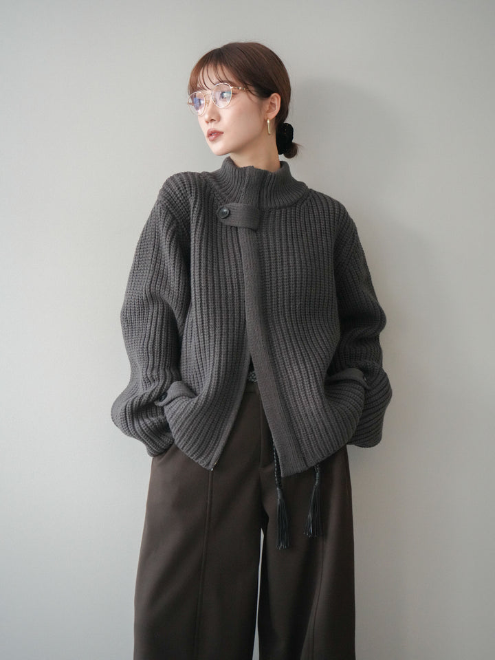 [SET]畦編みボトルネックZIPニットカーディガン+ベルト付裏起毛センターシームカーブパンツ(2set)