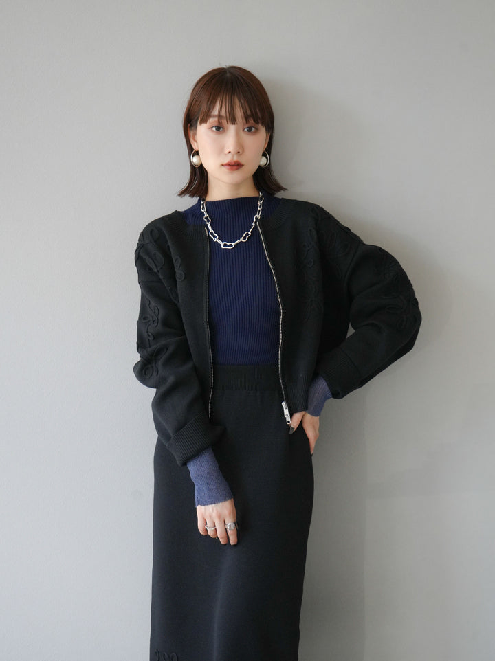 [予約]袖ラメシアー切替リブニットトップス/ネイビー