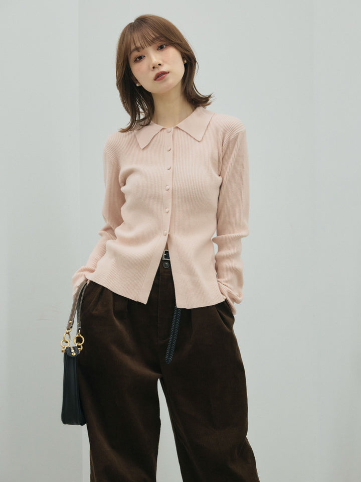 【Allure】[SET]くるみボタンポロリブニットトップス+コーデュロイタックワイドパンツ(2set)