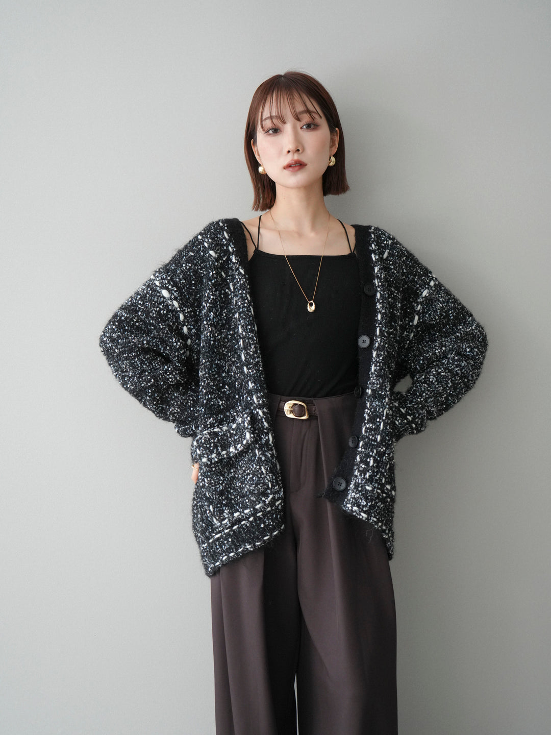 [SET]ブークレハンドステッチニットカーディガン+ベルトループデザインワイドパンツ(2set)