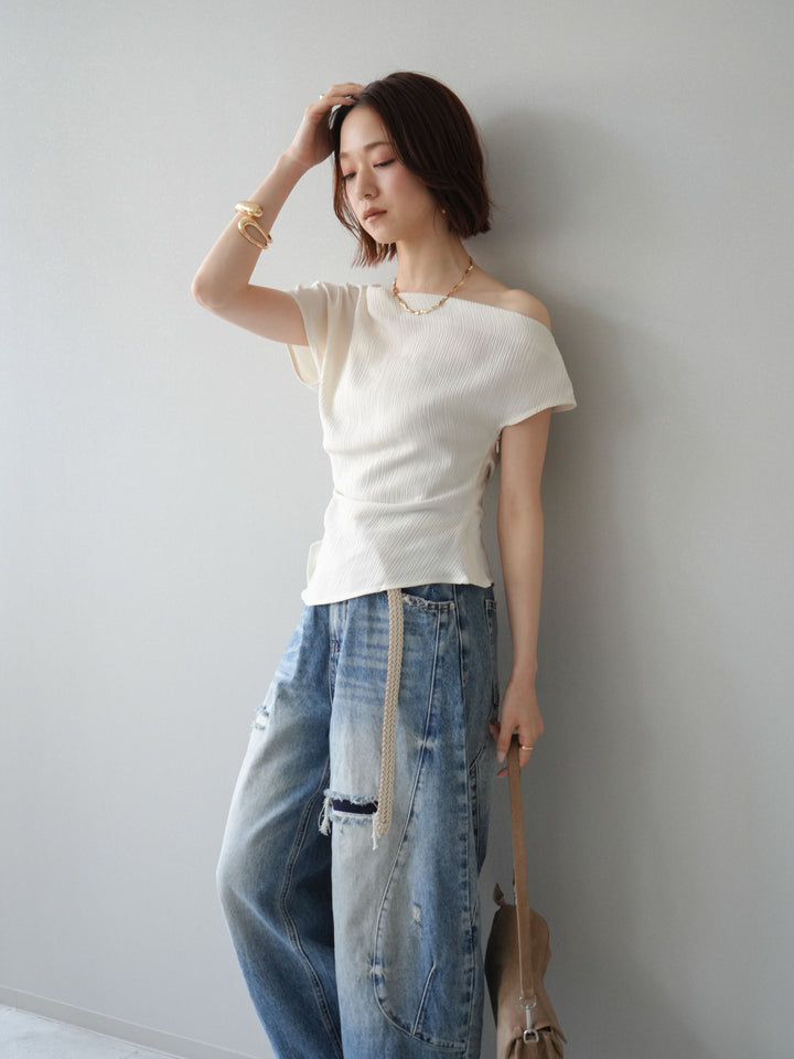 [予約]クレープアシンメトリーギャザートップス/white