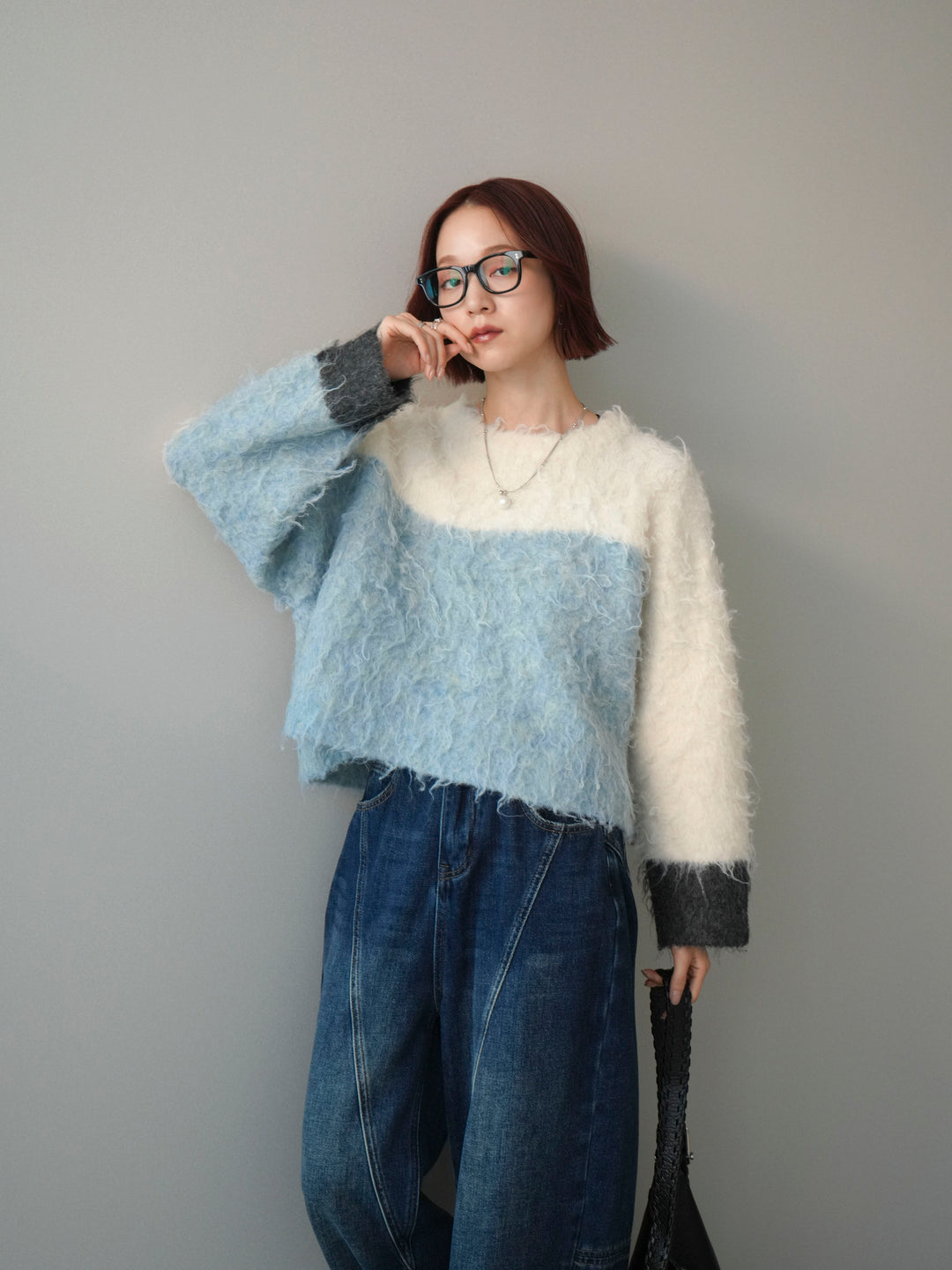 [SET]バイカラーモヘアタッチニットプルオーバー+選べるアクセセット(2set)