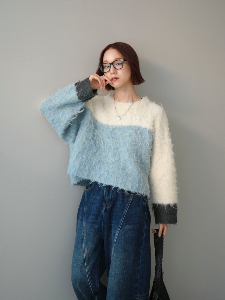 [SET]バイカラーモヘアタッチニットプルオーバー+選べるアクセセット(2set)